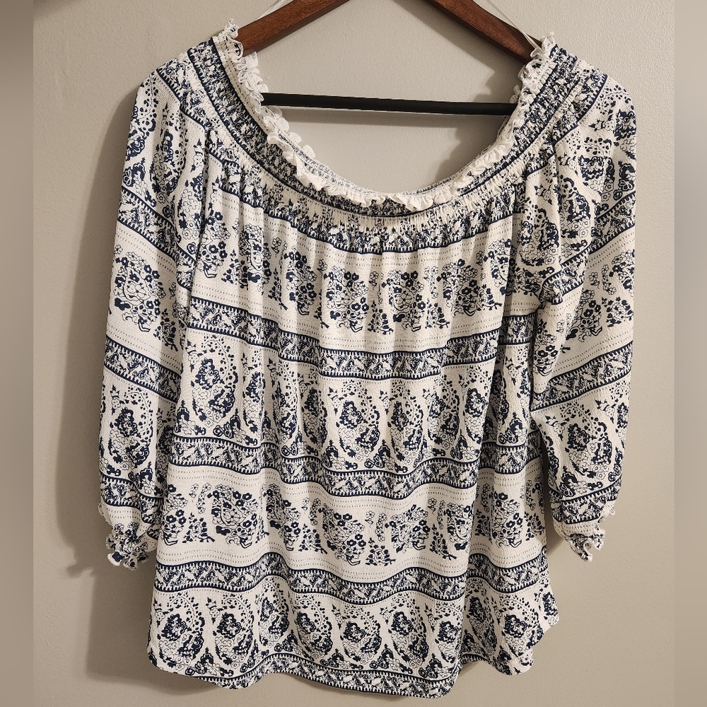 NWT Melloday women’s white and blue off shoulder half sleeve boho top - Picture 5 of 12
